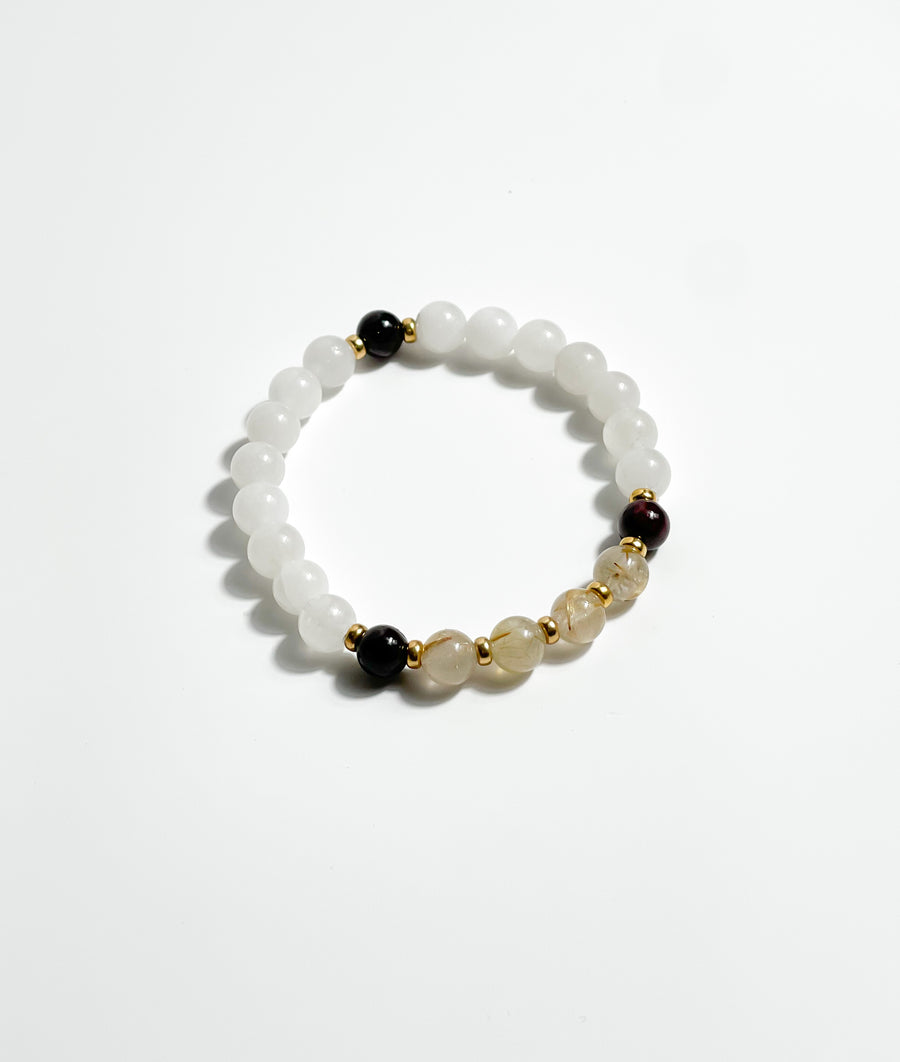 Golden Rutile, Garnet, and White Jade Bracelet